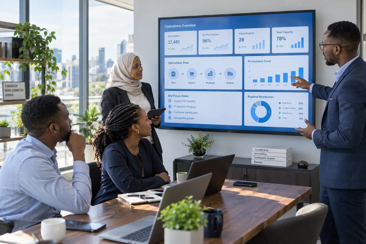 Illustrative business team working with a shared digital operations system.